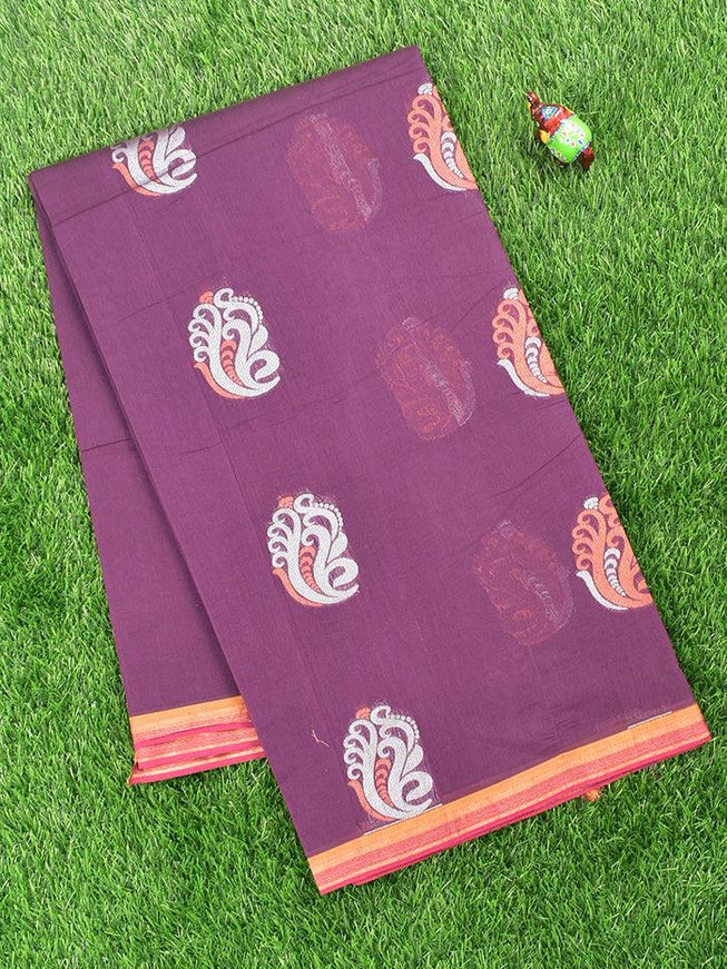 Coimbatore Cotton Purple Saree with Copper and Silver Zari Woven Buttas and Simple Border - {{ collection.title }} by Prashanti Sarees