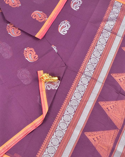 Coimbatore Cotton Purple Saree with Copper and Silver Zari Woven Buttas and Simple Border - {{ collection.title }} by Prashanti Sarees