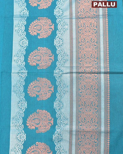Coimbatore Cotton Ramar Blue Saree with Silver and Copper Zari Woven Buttas and Simple Border - {{ collection.title }} by Prashanti Sarees
