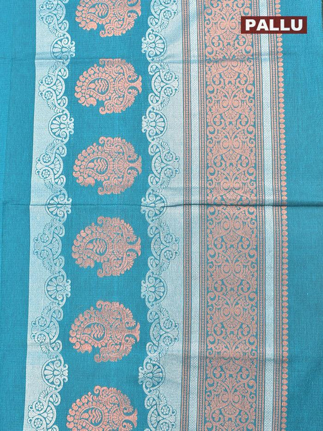 Coimbatore Cotton Ramar Blue Saree with Silver and Copper Zari Woven Buttas and Simple Border - {{ collection.title }} by Prashanti Sarees
