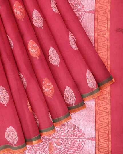 Coimbatore Cotton Red Color Saree with Copper and Silver Zari Woven Buttas - {{ collection.title }} by Prashanti Sarees
