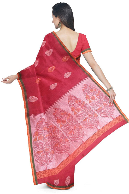 Coimbatore Cotton Red Color Saree with Copper and Silver Zari Woven Buttas - {{ collection.title }} by Prashanti Sarees