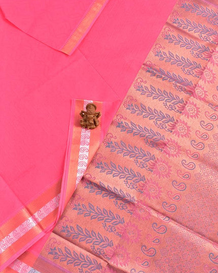 Coimbatore Cotton Rose Pink Emboss Saree with Copper and Silver Zari Woven Border - {{ collection.title }} by Prashanti Sarees
