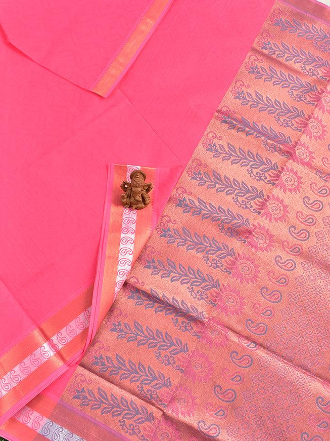 Coimbatore Cotton Rose Pink Emboss Saree with Copper and Silver Zari Woven Border - {{ collection.title }} by Prashanti Sarees