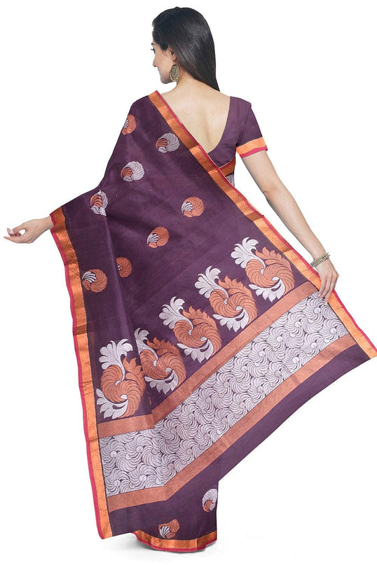 Coimbatore Cotton Violet Color Saree with Copper and Silver Zari Woven Buttas - {{ collection.title }} by Prashanti Sarees