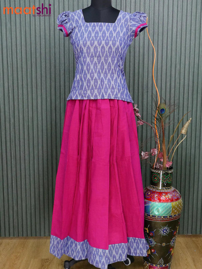 Cotton kids lehanga blue shade and magenta pink with allover ikat weaves and back knot & simple border for 13 years - {{ collection.title }} by Prashanti Sarees