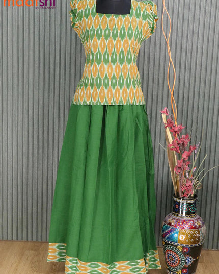 Cotton kids lehanga green with allover ikat butta weaves and back knot & simple border for 15 years - {{ collection.title }} by Prashanti Sarees