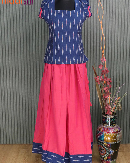 Cotton kids lehanga peacock blue and dual shade of pinkish orange with allover ikat butta weaves and back knot & simple border for 15 years - {{ collection.title }} by Prashanti Sarees