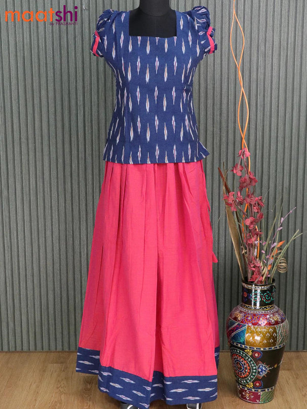 Cotton kids lehanga peacock blue and dual shade of pinkish orange with allover ikat butta weaves and back knot & simple border for 15 years - {{ collection.title }} by Prashanti Sarees