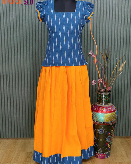 Cotton kids lehanga peacock blue and mango yellow with allover ikat butta weaves and back knot & simple border for 14 years - {{ collection.title }} by Prashanti Sarees