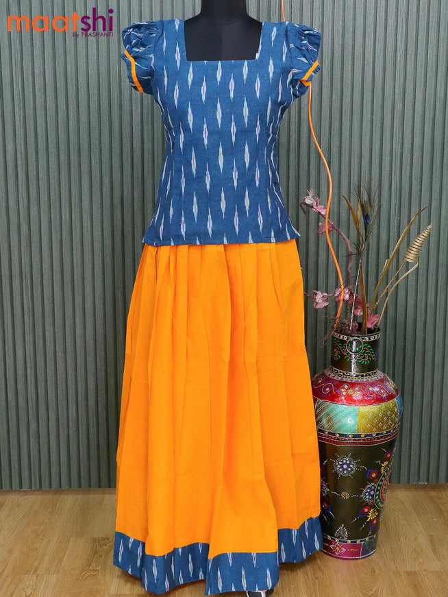 Cotton kids lehanga peacock blue and mango yellow with allover ikat butta weaves and back knot & simple border for 14 years - {{ collection.title }} by Prashanti Sarees