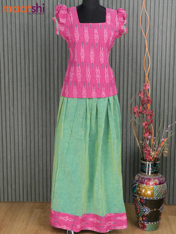 Cotton kids lehanga pink and dual shade of teal green with allover ikat butta weaves and back knot & simple border for 16 years - {{ collection.title }} by Prashanti Sarees