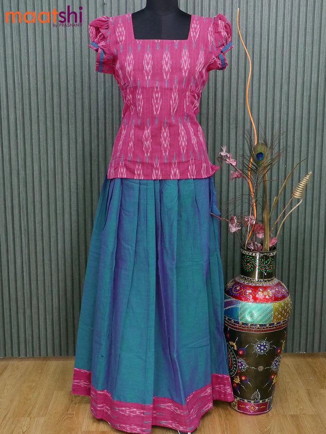 Cotton kids lehanga pink and peacock green with allover ikat weaves and back knot & simple border for 16 years - {{ collection.title }} by Prashanti Sarees
