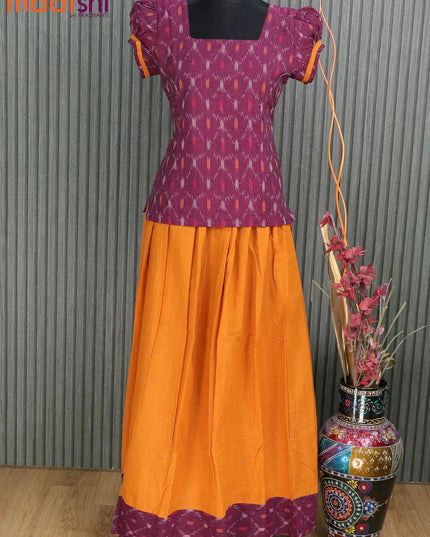 Cotton kids lehanga purple shade and mango yellow with allover ikat weaves and back knot & simple border for 16 years - {{ collection.title }} by Prashanti Sarees