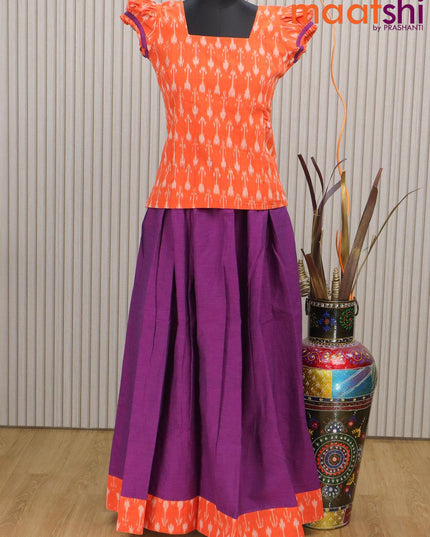 Cotton kids lehenga orange and violet with allover ikat weaves and back knot & ikat border for 14 years - {{ collection.title }} by Prashanti Sarees