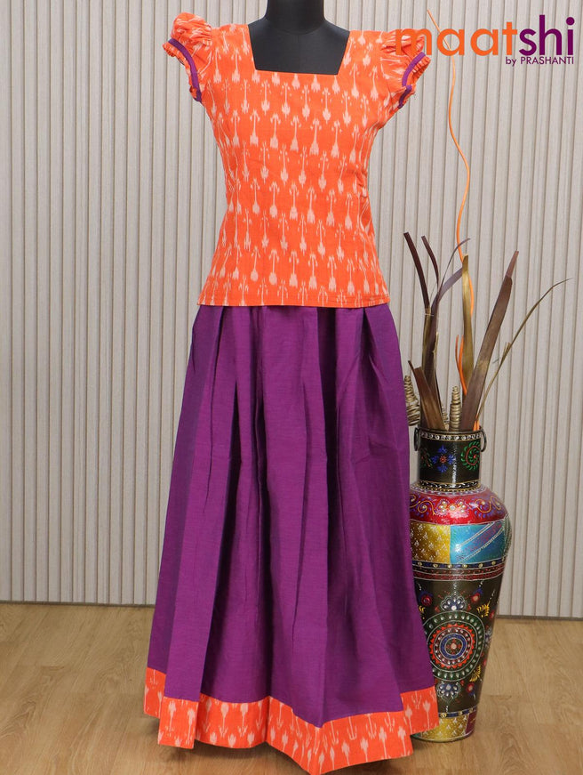 Cotton kids lehenga orange and violet with allover ikat weaves and back knot & ikat border for 14 years - {{ collection.title }} by Prashanti Sarees