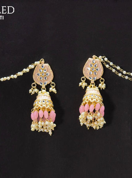 Dangler baby pink jhumka with hangings and pearl maatal - {{ collection.title }} by Prashanti Sarees