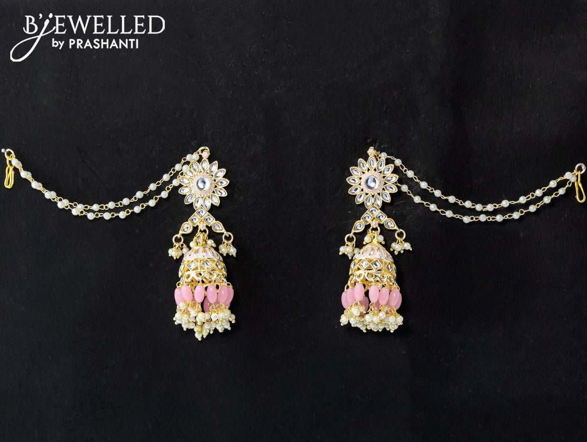 Dangler baby pink jhumka with hangings and pearl maatal - {{ collection.title }} by Prashanti Sarees