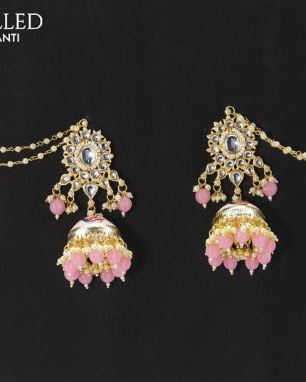 Dangler baby pink jhumkas with hangings and pearl maatal - {{ collection.title }} by Prashanti Sarees