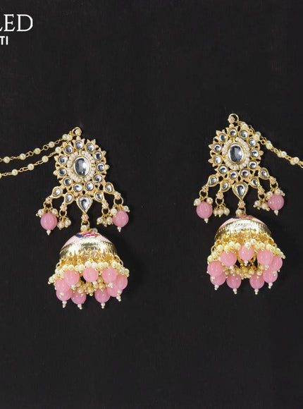 Dangler baby pink jhumkas with hangings and pearl maatal - {{ collection.title }} by Prashanti Sarees