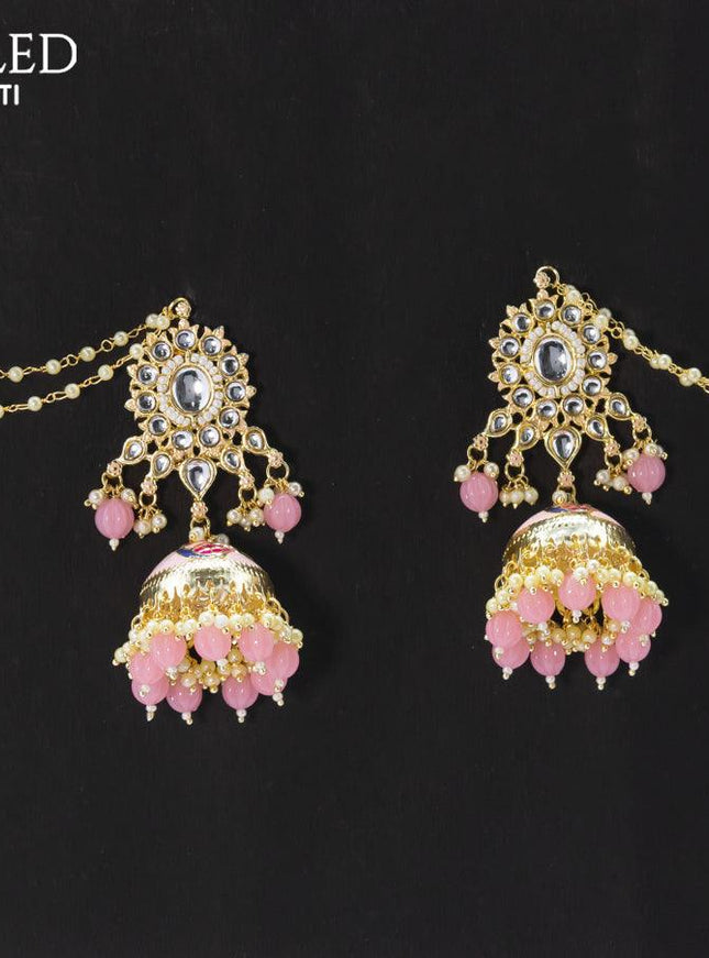 Dangler baby pink jhumkas with hangings and pearl maatal - {{ collection.title }} by Prashanti Sarees