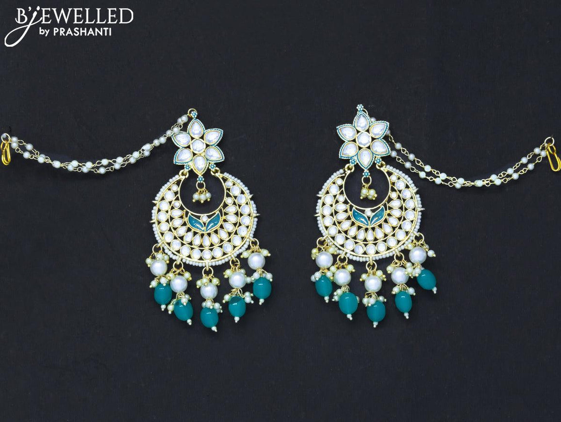 Dangler chandbali blue earrings with hangings and pearl maatal - {{ collection.title }} by Prashanti Sarees