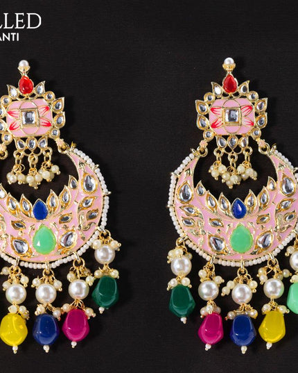 Dangler chandbali earrings baby pink with multicolour beads hangings and pearl maatal - {{ collection.title }} by Prashanti Sarees