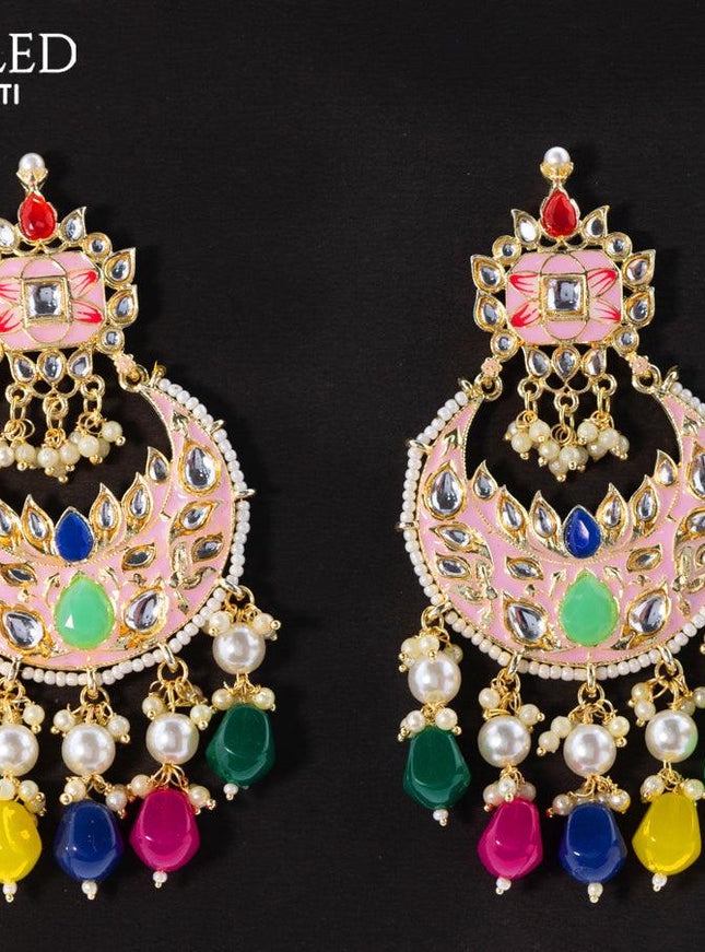Dangler chandbali earrings baby pink with multicolour beads hangings and pearl maatal - {{ collection.title }} by Prashanti Sarees
