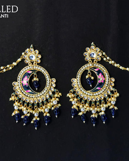 Dangler chandbali earrings blue with hangings and pearl maatal - {{ collection.title }} by Prashanti Sarees