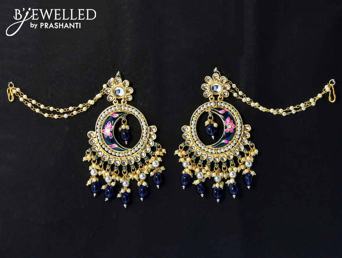 Dangler chandbali earrings blue with hangings and pearl maatal - {{ collection.title }} by Prashanti Sarees