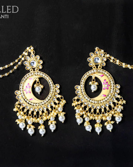 Dangler chandbali earrings cream with hangings and pearl maatal - {{ collection.title }} by Prashanti Sarees