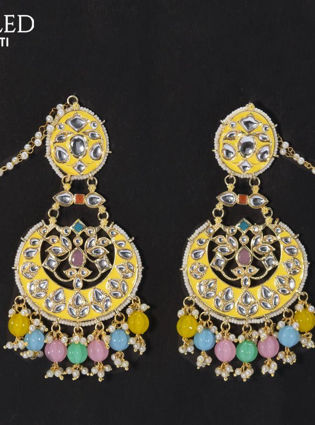 Dangler chandbali earrings cream with multicolour beads hangings and pearl maatal - {{ collection.title }} by Prashanti Sarees