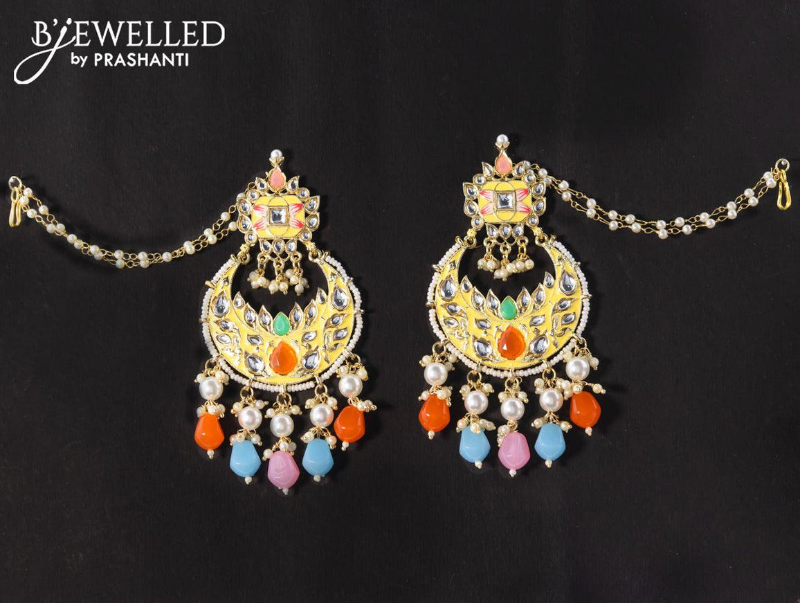 Dangler chandbali earrings cream with multicolour beads hangings and pearl maatal - {{ collection.title }} by Prashanti Sarees