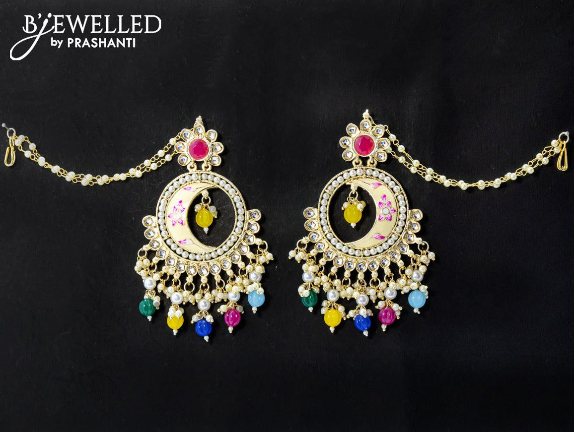 Dangler chandbali earrings cream with multicolour hangings and pearl maatal - {{ collection.title }} by Prashanti Sarees