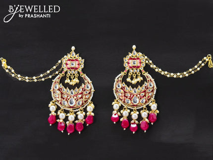Dangler chandbali earrings dark pink with hangings and pearl maatal - {{ collection.title }} by Prashanti Sarees