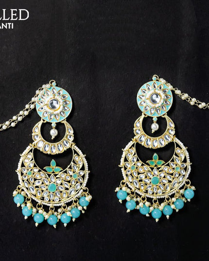 Dangler chandbali earrings light blue with hangings and pearl maatal - {{ collection.title }} by Prashanti Sarees