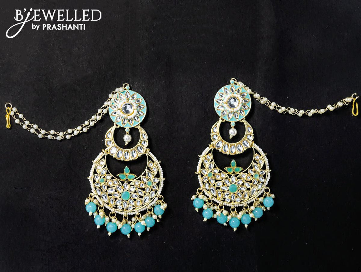Dangler chandbali earrings light blue with hangings and pearl maatal - {{ collection.title }} by Prashanti Sarees