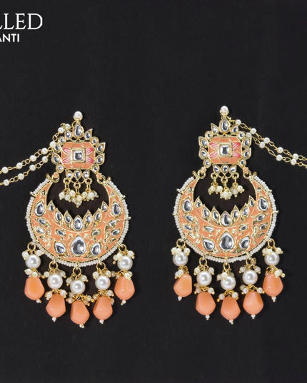 Dangler chandbali earrings mild peach with hangings and pearl maatal - {{ collection.title }} by Prashanti Sarees