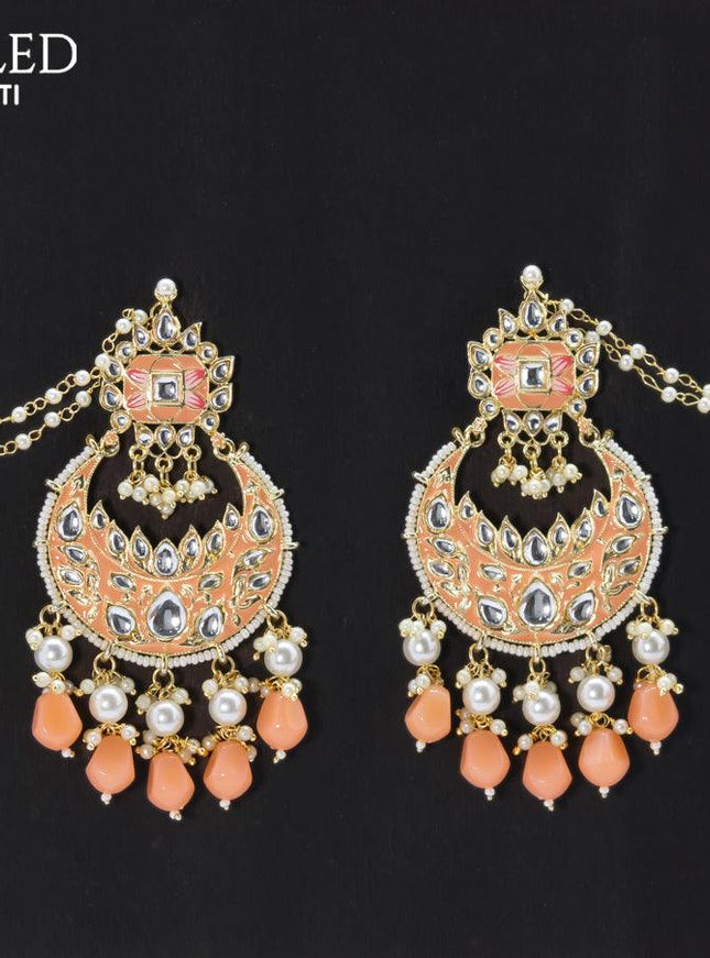 Dangler chandbali earrings mild peach with hangings and pearl maatal - {{ collection.title }} by Prashanti Sarees