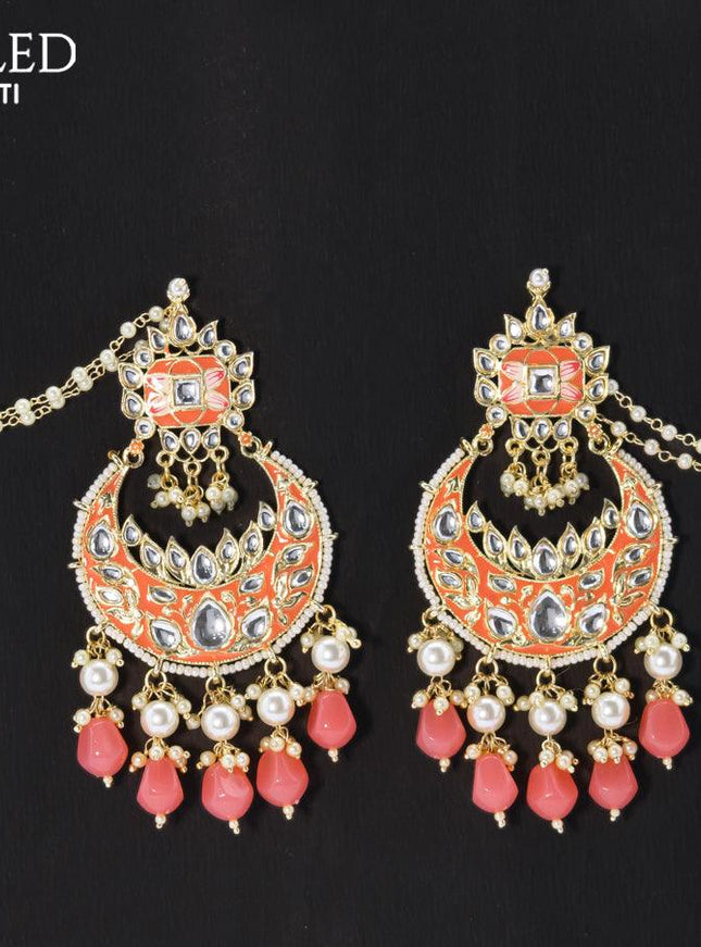 Dangler chandbali earrings peach with hangings and pearl maatal - {{ collection.title }} by Prashanti Sarees