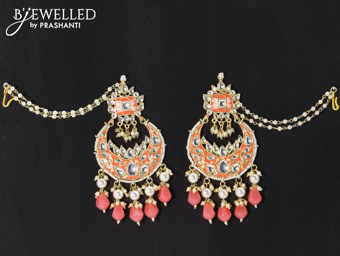 Dangler chandbali earrings peach with hangings and pearl maatal - {{ collection.title }} by Prashanti Sarees