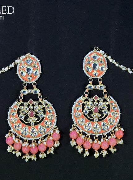 Dangler chandbali earrings peach with hangings and pearl maatal - {{ collection.title }} by Prashanti Sarees