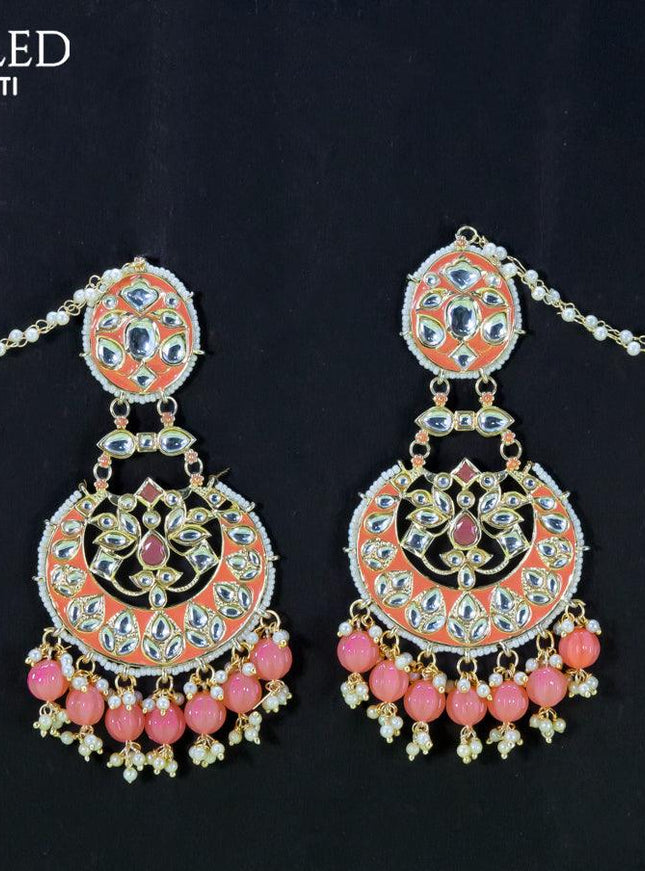 Dangler chandbali earrings peach with hangings and pearl maatal - {{ collection.title }} by Prashanti Sarees