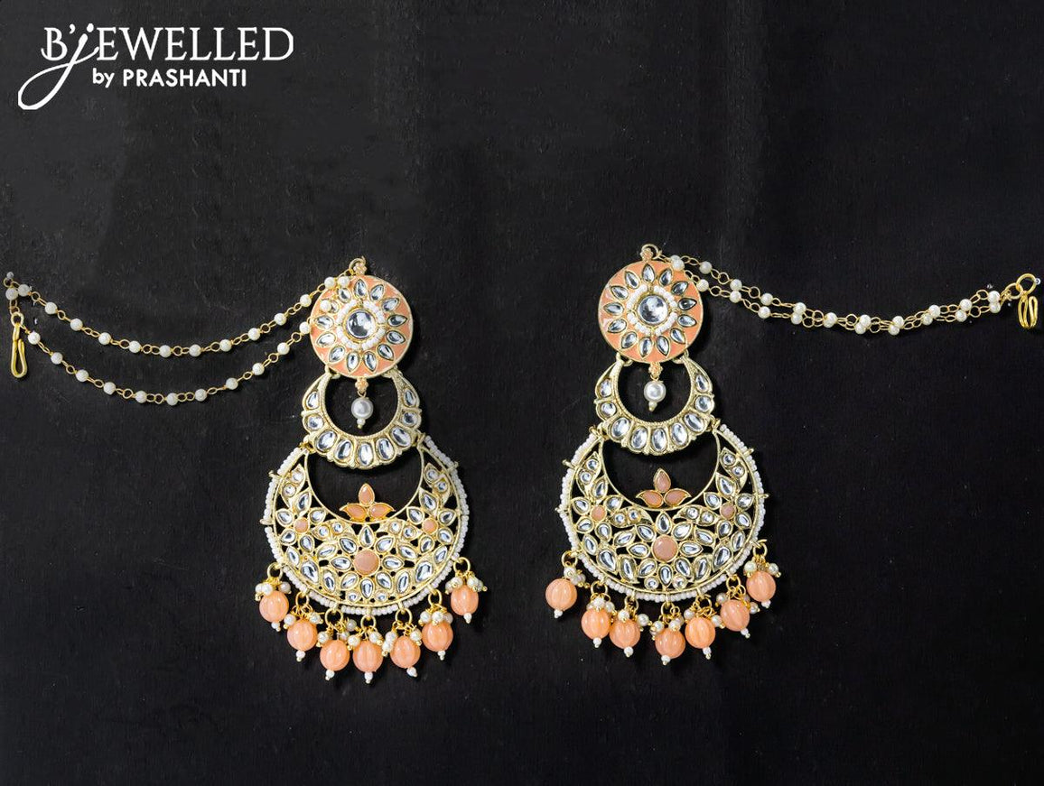Dangler chandbali earrings peach with hangings and pearl maatal - {{ collection.title }} by Prashanti Sarees