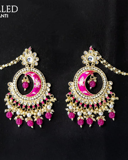 Dangler chandbali earrings pink with hangings and pearl maatal - {{ collection.title }} by Prashanti Sarees
