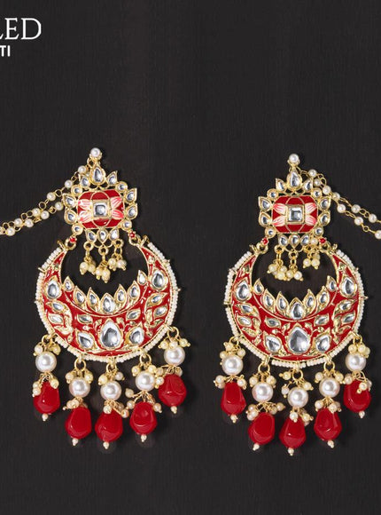 Dangler chandbali earrings red with hangings and pearl maatal - {{ collection.title }} by Prashanti Sarees
