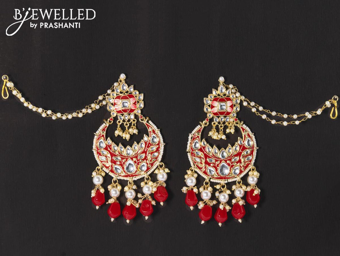 Dangler chandbali earrings red with hangings and pearl maatal - {{ collection.title }} by Prashanti Sarees