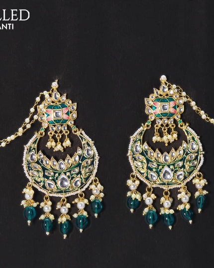 Dangler chandbali earrings teal blue with hangings and pearl maatal - {{ collection.title }} by Prashanti Sarees