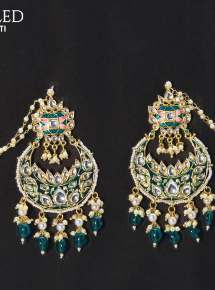 Dangler chandbali earrings teal blue with hangings and pearl maatal - {{ collection.title }} by Prashanti Sarees