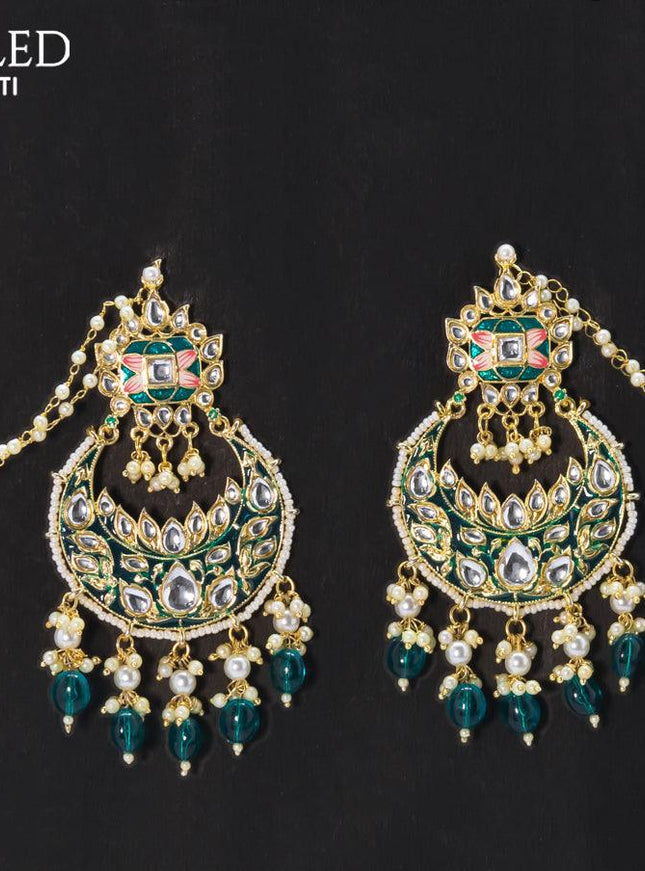 Dangler chandbali earrings teal blue with hangings and pearl maatal - {{ collection.title }} by Prashanti Sarees